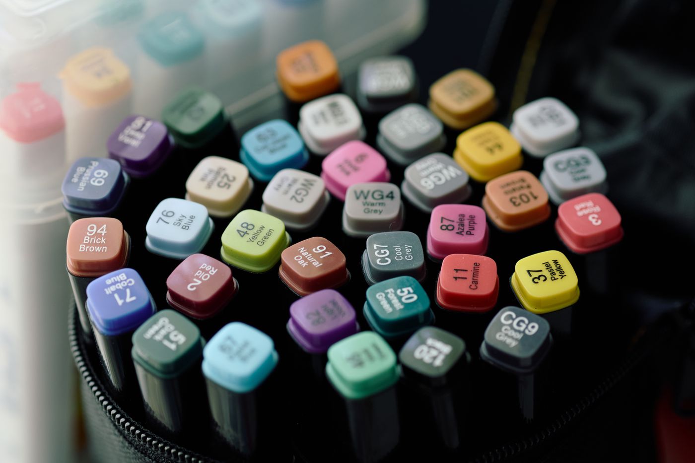Rows of marker caps showing a broad range of color codes
